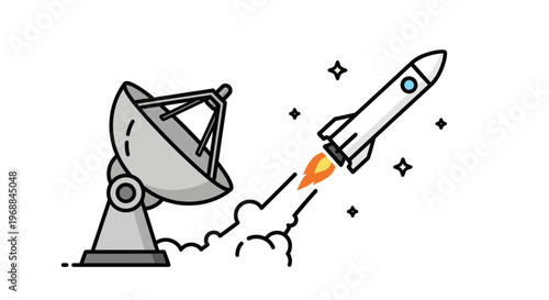Space, Rocket Launch, Satellite Dish, Vector Illustration, Space Exploration, Astronautical, Black and White