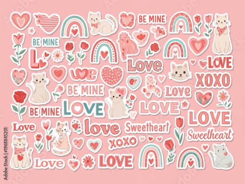 Valentines Day stickers with cats hearts rainbows and flowers on pink background for love sweetheart and be mine expressions