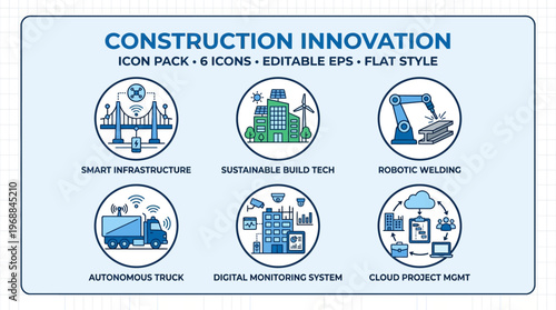 Construction Innovation Icon Pack with Smart Infrastructure, Sustainable Building Technology, Robotic Welding, Autonomous Truck, Digital Monitoring, and Cloud Project Management, in Bright Studio.