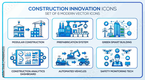 Modern Construction Innovation Icons Set featuring Modular Construction, Prefabrication, Smart Buildings, Analytics, Automated Vehicles, and Safety Monitoring, in Bright Studio.