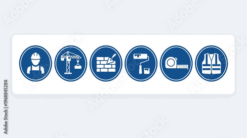 Horizontal set of construction and renovation project icons showing worker, crane, brick wall, paint roller, measuring tape, and safety vest