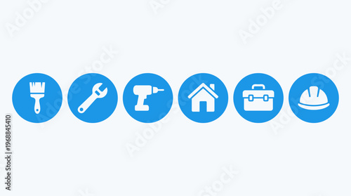 Set of construction and repair tools icons with house and helmet, in bright studio background
