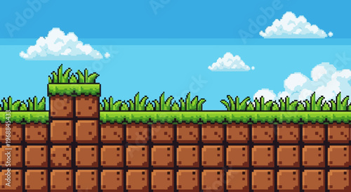 Pixel art, brown brick wall, grassy top, blue sky background, video game landscape, retro gaming, 8-bit style, vector illustration
