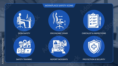 Workplace Safety and Ergonomics Flat Vector Icons for Office Environment and Employee Protection