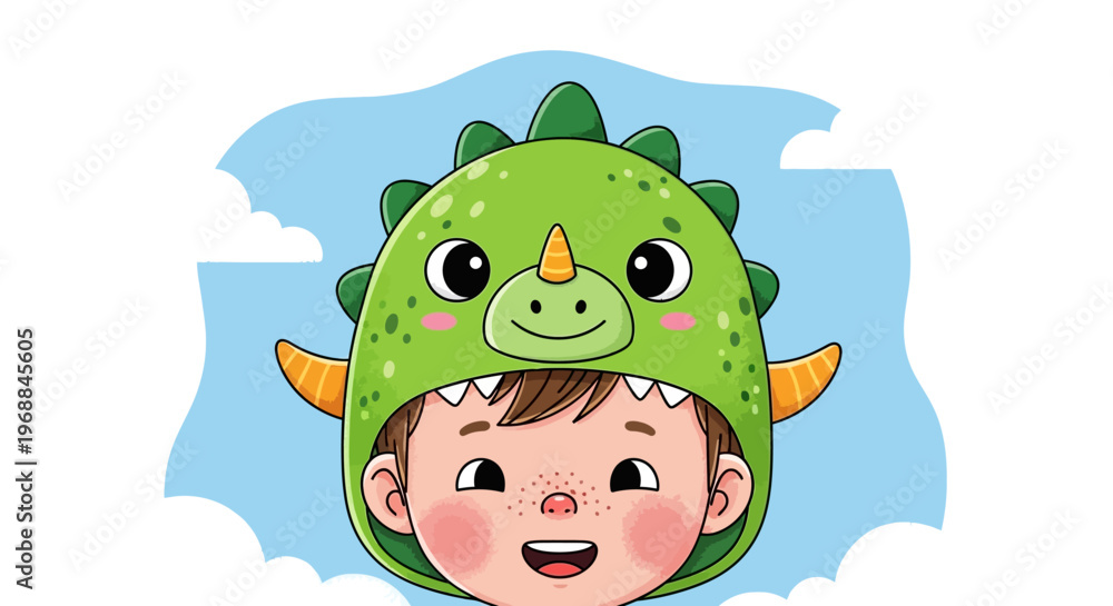 Obraz premium Cartoon child wearing green dinosaur hood, smiling face, playful kids illustration, vector character
