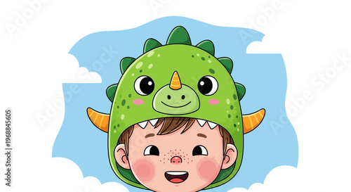 Cartoon child wearing green dinosaur hood, smiling face, playful kids illustration, vector character