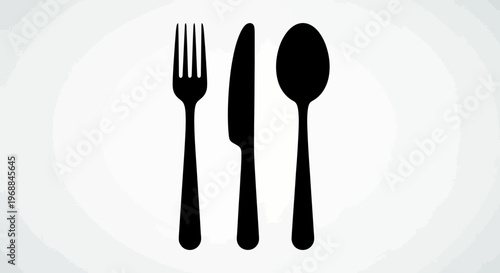 Black cutlery icons, fork, knife, spoon, flatware set, tableware, dining utensils