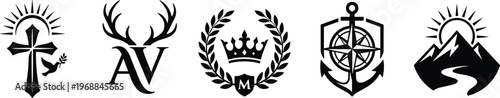 Collection of elegant black and white vector logos featuring Christian cross, deer antlers, royal crown, nautical anchor, and mountain landscape symbols