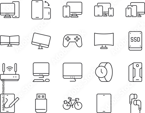 A collection of 20 line drawings of various electronic devices and objects