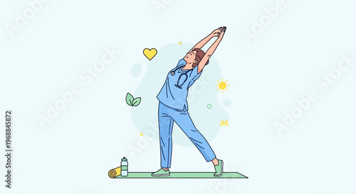 Yoga, stretching, fitness, woman, illustration, vector, healthy lifestyle, exercise, wellness, yoga pose, green mat, blue outfit, cartoon style, colorful, vibrant, fitness routine, mindfulness