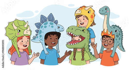 Dinosaur costumes, kids wear, cartoon characters, fun hats, colorful illustrations, children's party accessories, vector set