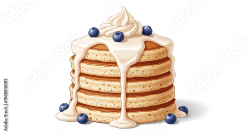 Delicious stacked pancakes with syrup and blueberries, breakfast food illustration, tasty dessert design, syrupy pancake stack, blueberry treat