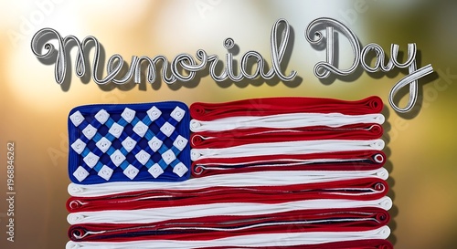 Artistic depiction of US flag crafted with interwoven red, white, & blue threads, 