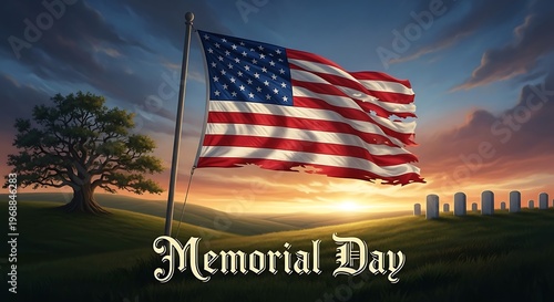 Artistic rendering of an American flag waving over a field with a tree and tombstones