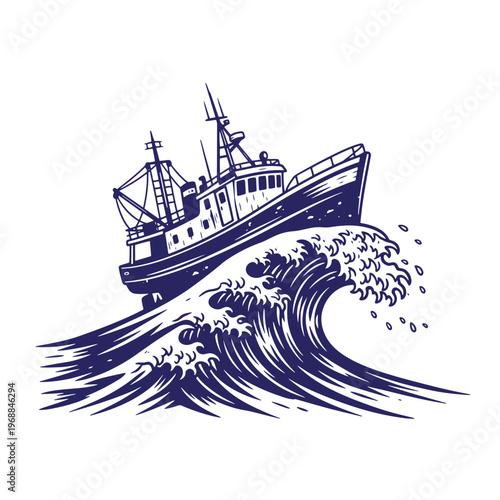 Dark blue ink of a fishing trawler boat riding a large crashing ocean wave isolated on a white background