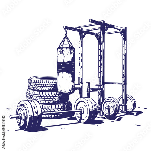 Dark blue ink of a gym setup featuring a heavy punching bag hanging from a squat rack with a barbell and a stack of rubber tires on the floor
