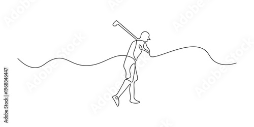 A male golfer in mid-swing, captured in a continuous one-line art style, demonstrating fluid movement and dedication to the sport on a clean white background. vector