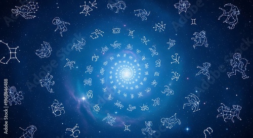 Astrological spiral, constellations spiral outward in a starry blue galaxy