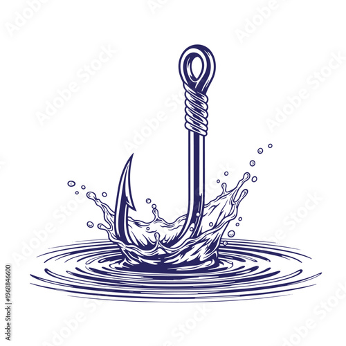 Dark blue ink of a sharp metal fishing hook splashing into water creating circular ripples and dynamic liquid droplets isolated on a white background
