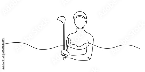 A continuous line drawing artistically depicts a male golfer standing confidently with a golf club in hand, rendered in a minimalist abstract style. vector.