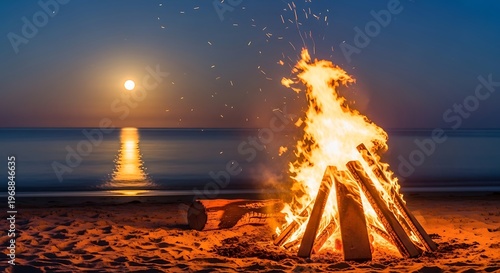 Beach bonfire at dusk under a full moon, with ocean reflections and burning logs