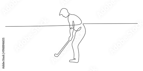 A focused male golfer in the precise act of putting, bent over his club, captured with clarity in a continuous one-line drawing against a simple white background.