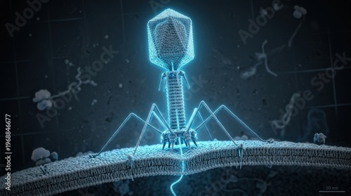 Photorealistic hyper-detailed micro-imaging of a T4 bacteriophage viral particle with icosahedral capsid head, helical tail sheath, tail fibers, and baseplate pins precisely modeled, glowing electric