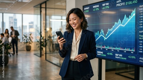 A young and stylish Asian businesswoman beaming with confidence while reviewing a rising stock market graph on her smartphone screen, standing beside a large illuminated financial trading monitor