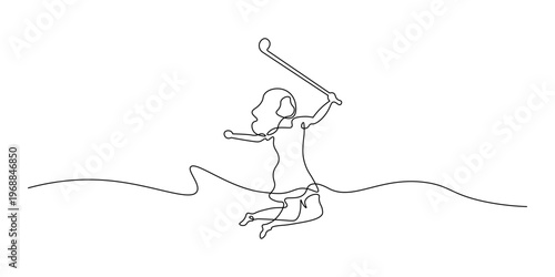 A joyful female golfer captured mid-air, exuberantly jumping and holding her golf club in celebration of a successful shot or game, rendered in a dynamic continuous one-line drawing.