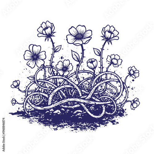 Dark blue ink of wild flowers with tangled thorny stems and scattered paint splatters on a white background