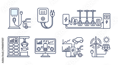 Line Icons Set Representing Electric Vehicle Charging, Smart Grid, and Renewable Energy Concepts on an Isolated White Background.