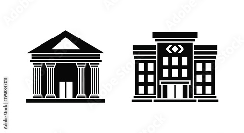 Two black silhouette icons depicting classical and modern building facades
