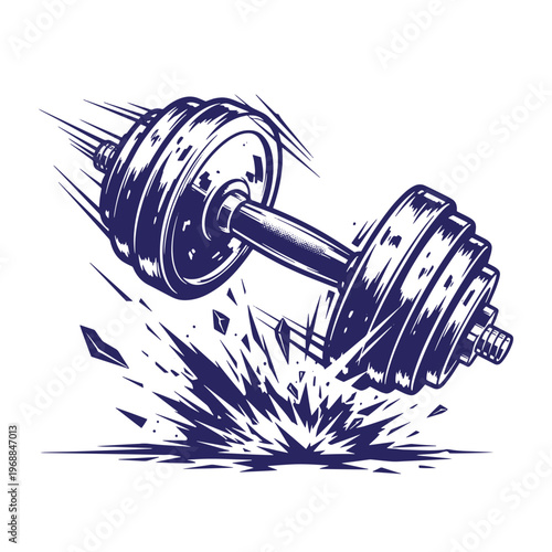 Dark blue ink style of a heavy metal dumbbell crashing into the ground with motion lines and debris fragments flying outward isolated on a white background