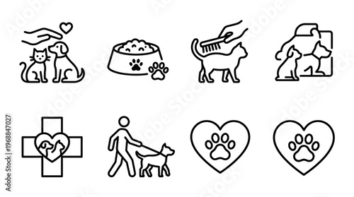 Set of Pet Care and Animal Welfare Icons, Love and Compassion for Animals, isolated white background