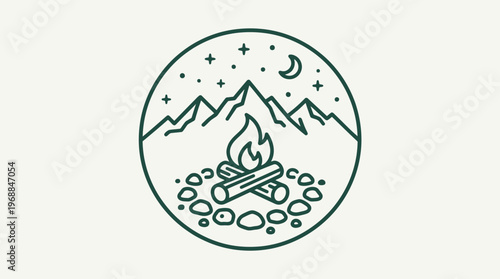 Campfire with Mountains and Trees in Circular Frame, Evening Outdoor Scene Icon, isolated white background