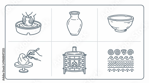 Pottery and Ceramic Craft Icons on Isolated White Background, Illustrating Traditional Art Making and Artistic Expression