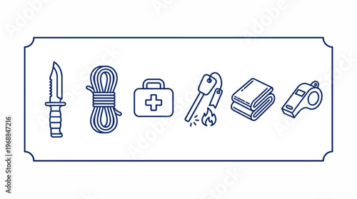 Organized set of outdoor survival and camping essentials including knife, rope, first aid kit, keys, flashlight, and whistle, in bright studio.