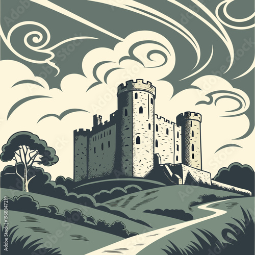 Medieval castle on a hill under dramatic clouds