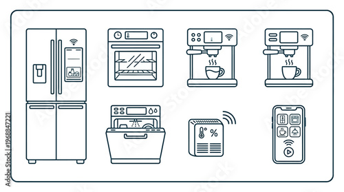 Set of Smart Kitchen Appliances and IoT Line Icons in Bright Studio Style