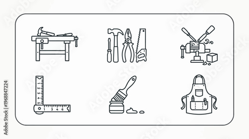 Set of Workshop and Crafting Tools Line Icons in Bright Studio Style