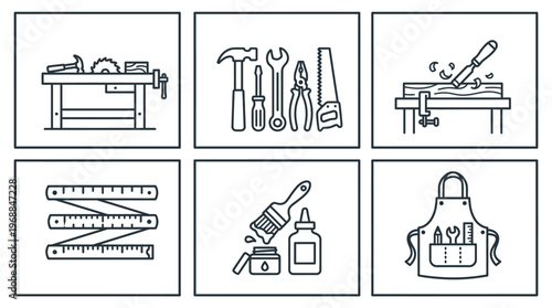 Set of Carpentry and Woodworking Tools Line Icons in Bright Studio Style