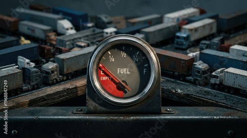 Chrome fuel gauge needle hovering at absolute empty positioned in crisp focus against blurred miniature toy freight trucks, harsh directional side lighting casting long shadows from the gauge needle,
