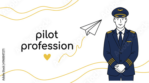 Commercial Airline Pilot Profession Illustration Featuring Captain In Uniform With Paper Plane And Abstract Yellow Wave Background