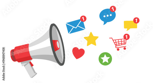 A colorful illustration of a megaphone surrounded by various notification icons and symbols.