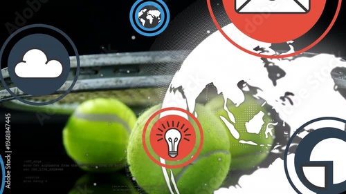 Animation of icons and globe over tennis racket and ball