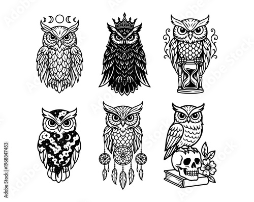 Set of owl illustrations with mystical and vintage elements.