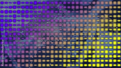 Animation of data processing over violet and yellow squares and hands of woman using computer