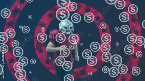 Animation of dollars blinking over american football player and red and navy circles with stars