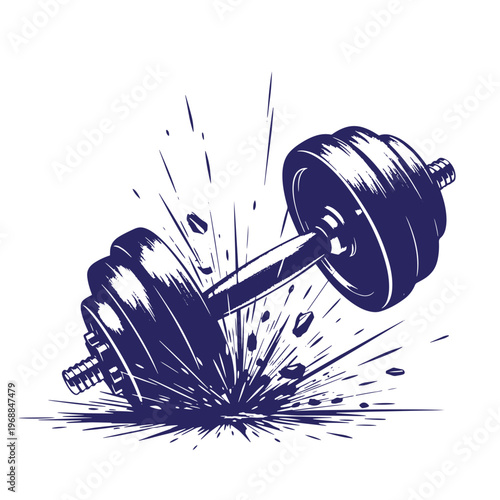 Dark blue of a heavy metal dumbbell crashing into the ground with flying debris and impact splashes isolated on a white background