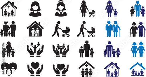 A collection of black and white icons depicting family and healthcare